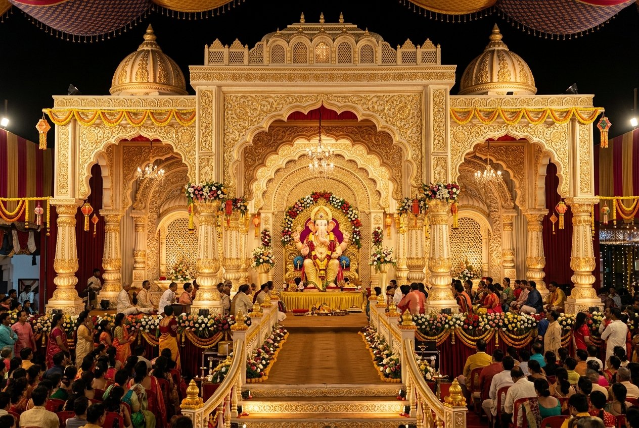 Architectural 3D stage setup for Ganesh Utsav featuring tiered palace arches, carved pillars, and warm directional lighting