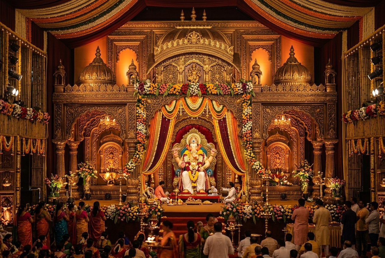 Grand palace-themed Ganpati stage decoration with traditional carved pillars and layered gold arch backdrop in a large pandal