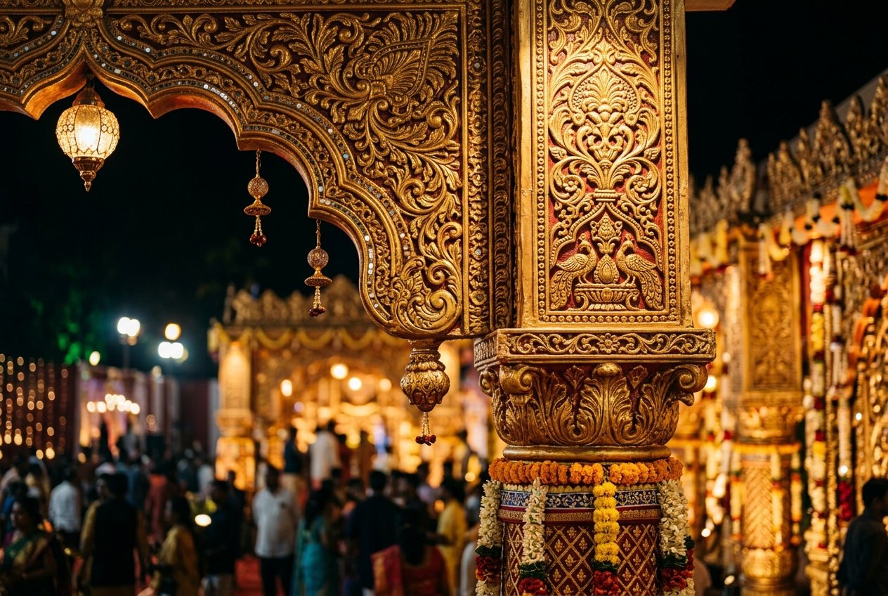Detailed view of carved fiberglass temple pillar relief and warm directional lighting for festival stages