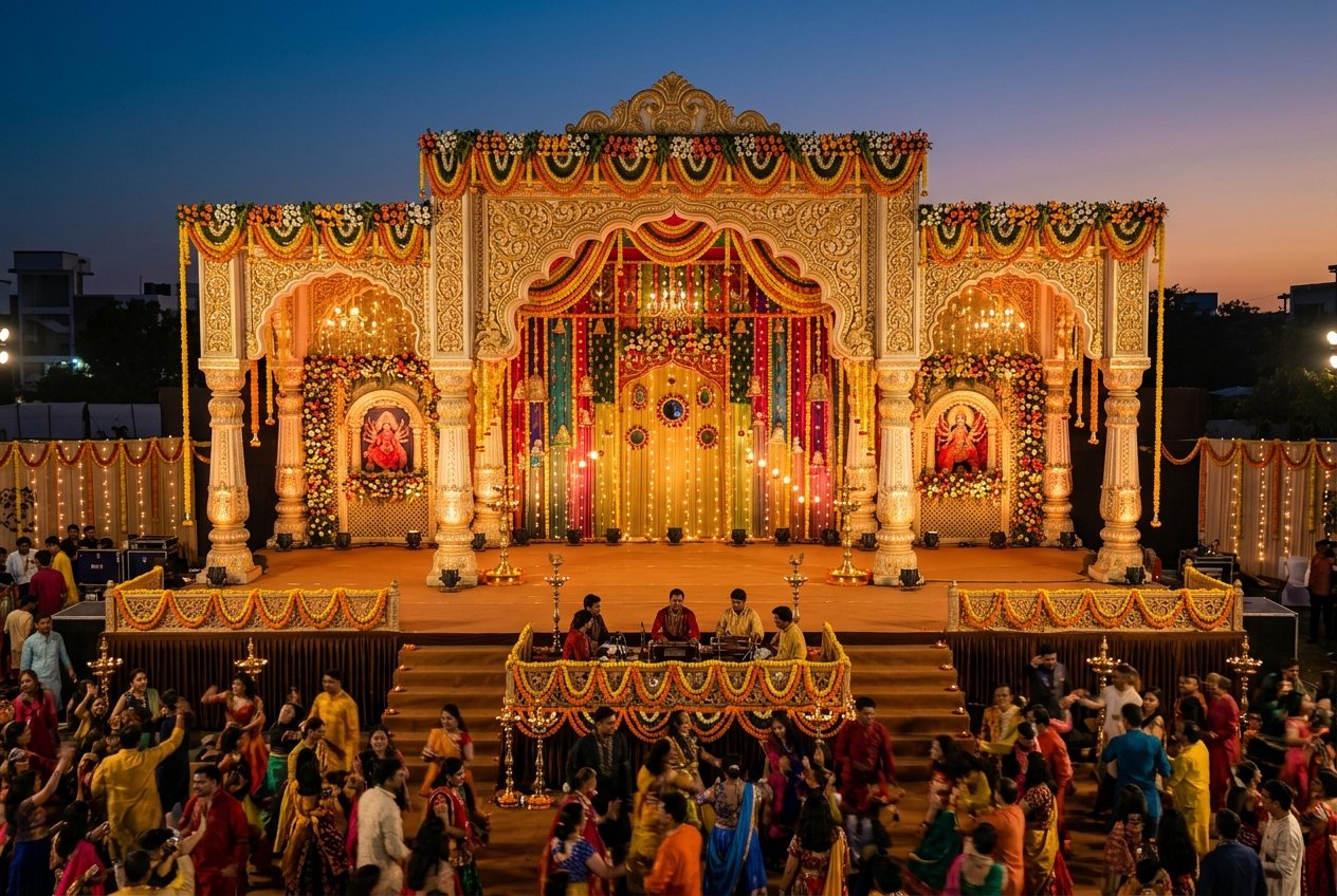 Decorative Navratri Garba stage with traditional carved pillars and festive archway