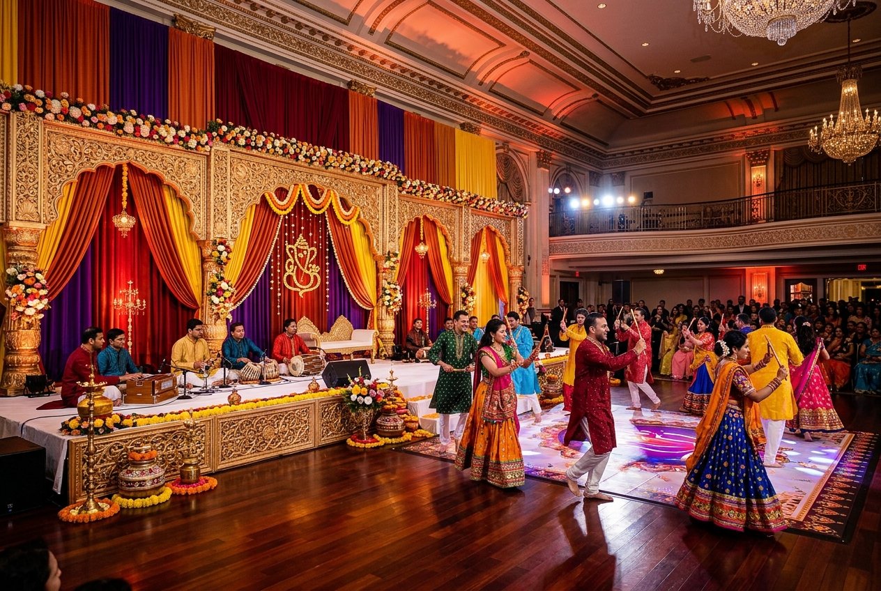 Modern decorative Navratri Garba stage designed for an international banquet hall event