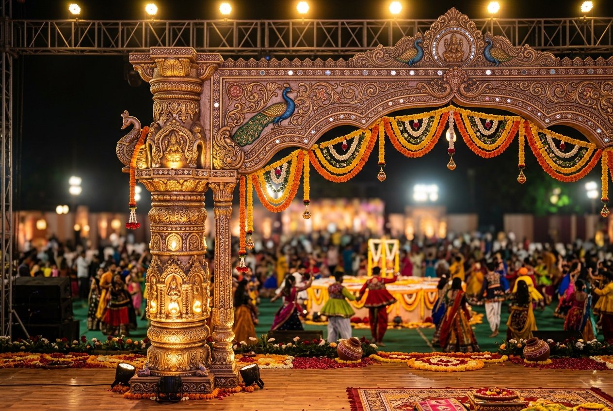 Detailed view of carved fiberglass stage pillar and depth lighting for Garba photography